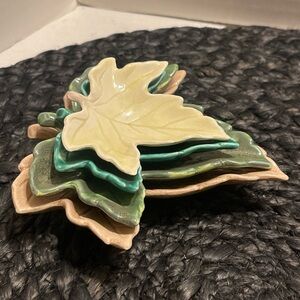 Decorative Ceramic Leaf Accent trinket dish- Green, Cream, Tan 4